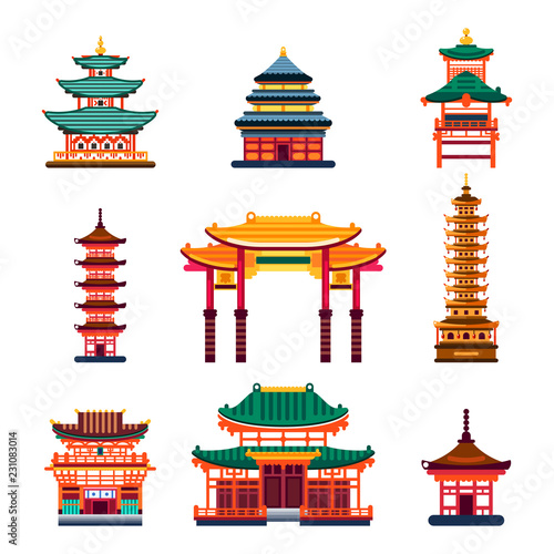 Colorful Chinese buildings, vector flat isolated illustration. China town traditional pagoda house.