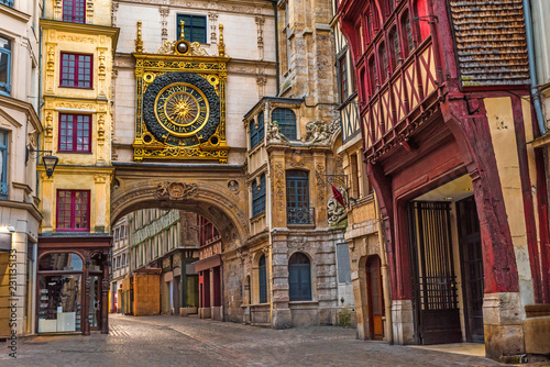 old cozy street in Rouen with famos Great clocks or Gros Horloge of Rouen, Normandy,France
