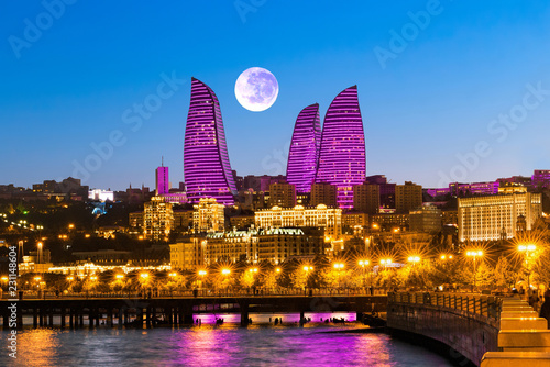 Night view of the skyscrapers in Baku. The Republic of Azerbaijan