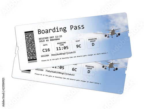 Airline boarding pass tickets isolated on white - The contents of the image are totally invented.