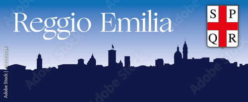 Reggio Emilia city skyline and coat of arms, Emilia Romagna, Italy, vector illustration