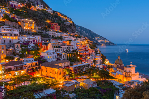 Night view of Positano village at Amalfi Coast, Italy.