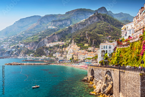 View of the beautiful town of Amalfi at famous Amalfi Coast with Gulf of Salerno, Campania, Italy.