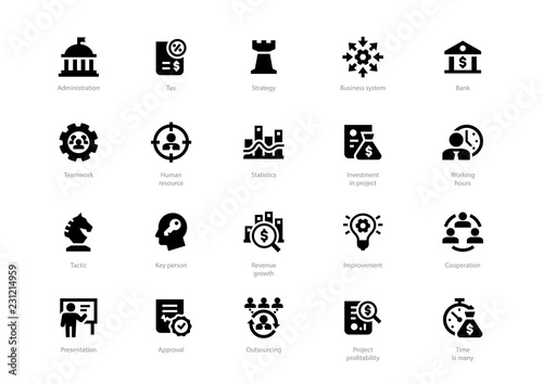 Set of black solid business icons isolated on light background. Contains such icons Administration, Tax, Strategy, Cooperation, Teamwork and more.