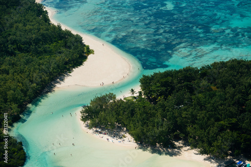 Aerial picture of l’île aux Cerfs in the turquoise lagoon of Mauritius tropical island 