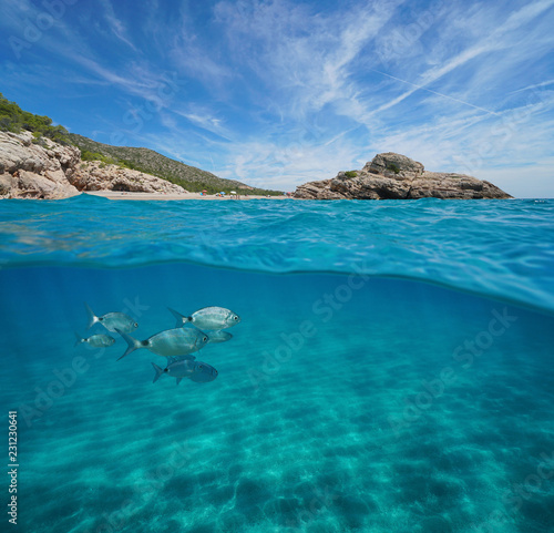 Beach and rock with fish and sand underwater, Mediterranean sea, split view half above and below water surface, Spain, Costa Dorada, Platja Del Torn, l'Hospitalet de l'Infant, Tarragona, Catalonia