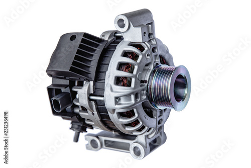 car alternator with shallow depth of field on white background