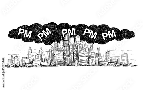 Vector artistic pen and ink drawing illustration of high rise building and smog covering the city. Environmental concept of particulate matter or PM air pollution.