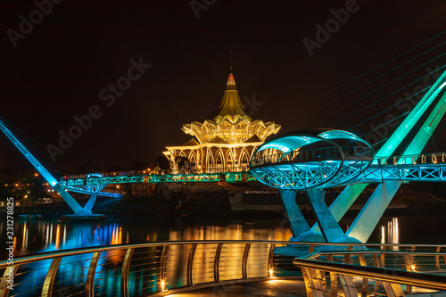 The colorful state capital, parliament building and Darul Hana unity bright in the Sarawak capital of Kuching in Malaysian Borneo