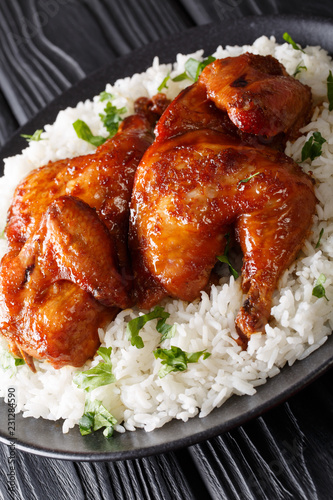 Indonesian chicken baked with garlic, soy sauce, ginger and honey, served with rice on a plate close-up. Vertical