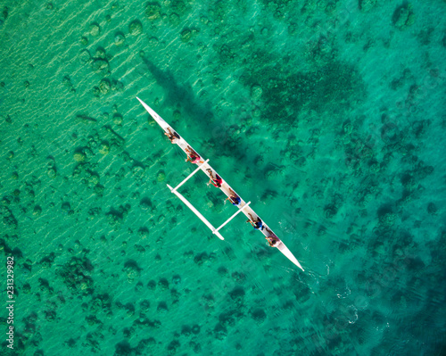 Aerial shot of Outrigger canoe in Micronesia