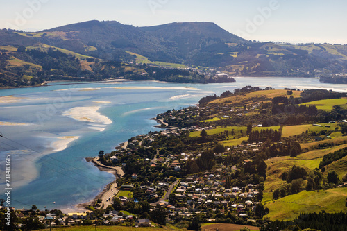 Dunedin town and bay as seen from the hills above, South Island, New Zealand.