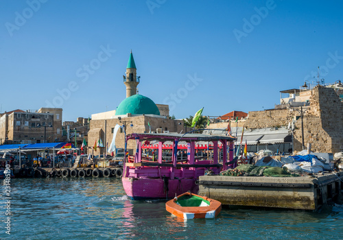 Acre, Israel - October 27, 2018 : Port of acre and Sinan Pasha Mosque