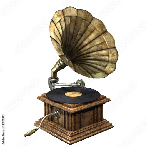 3D illustration of vintage and classic gramophone isolated on white background