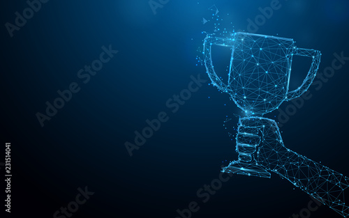 Hand holding trophy cup tophy form lines, triangles and particle style design. Illustration vector