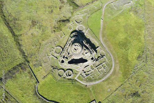 Aerial view of the ancient Santu Antine Nuraghe. Santu Antine Nuraghe is one of the largest nuraghi (ancient megalithic edifices) in Sardinia, Italy.