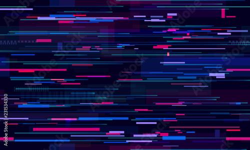 Futuristic neon glitch background. Glitched nightlife tech lines, street light motion and technology seamless pattern vector design