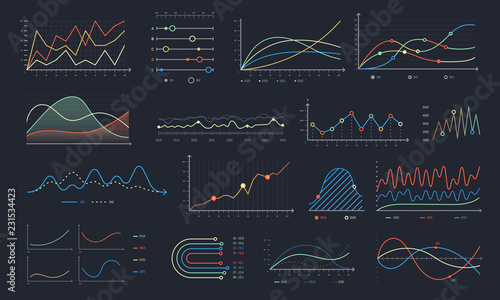 Line graph. Linear chart growth, business diagram graphs and colorful histogram graph isolated vector set