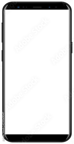 Brand new smartphone black color with white screen mockup. Front view of modern android multimedia smart phone easy to edit and put your image.