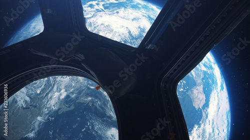 Earth view from space from the window of the international space station 3d illustration, element of this image finished by nasa