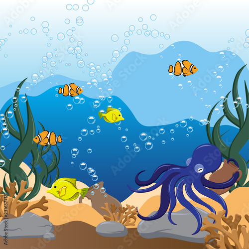 Underwater seascape with algae, octopus, jugs, fish and stones. Hand Drawn Vector