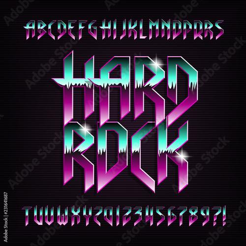 Hard rock alphabet font. Metal effect beveled colorful letters, numbers and symbols. Stock vector typescript for your design.