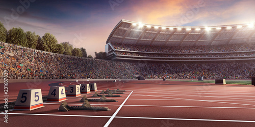 Running track 3D illustration. Professional athletics stadium. Starting line with starting block