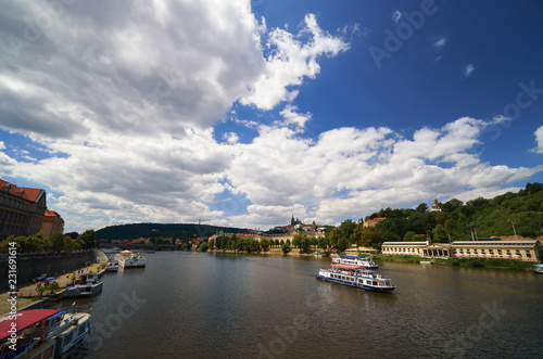 Famous Prague Vltava river with ship European Czech republic landmark beautiful panorama view