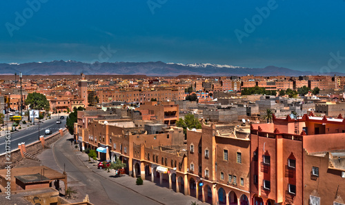 View over Ouarzazate with the snowed Great Atlas in the distance