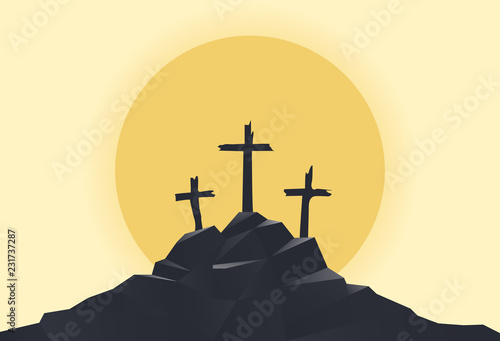 mountain with three crosses at sunset