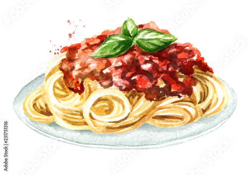 Spaghetti with sauce bolognese. Watercolor hand drawn illustration isolated on white background