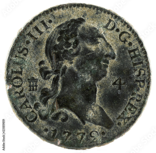 Ancient Spanish copper coin of the King Carlos III. 1772. Coined in Segovia. 4 Maravedis. Obverse.