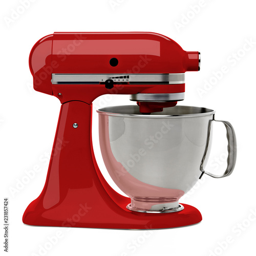 Red stand mixer from side on white background including clipping path