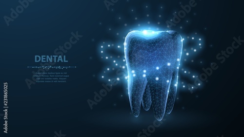 Tooth. Abstract low poly shine bright tooth illustration. Blue background and stars.