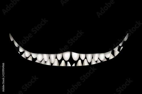 Mad wide smile with many teeth on black background. Deco element, card-, flyer- base, clip art