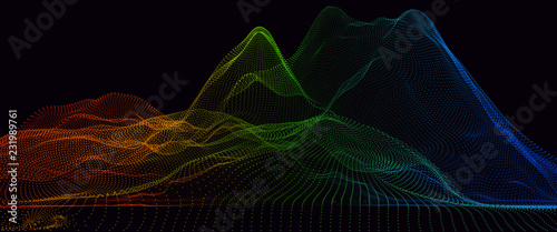 Abstract background with digital mountains of dots and colors. 3d illustration