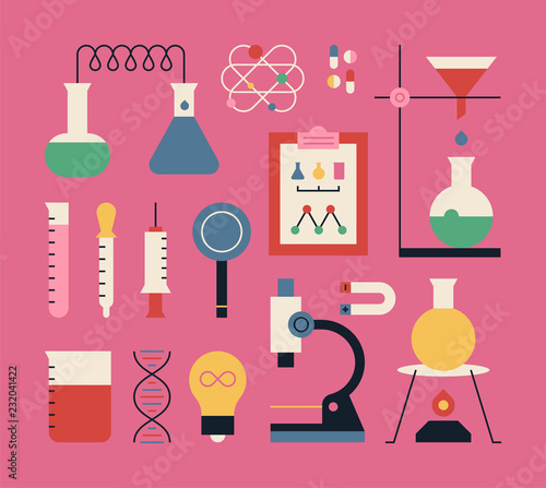 Set of colorful science experiment tools icons. flat design style vector graphic illustration.