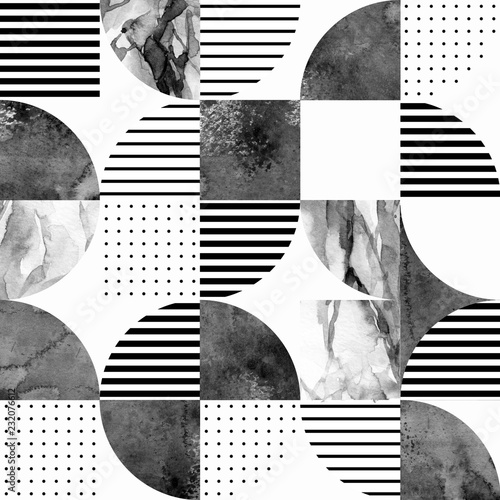 Modern seamless geometric pattern: semicircles, circles, squares, grunge, marble, watercolor textures, doodles.