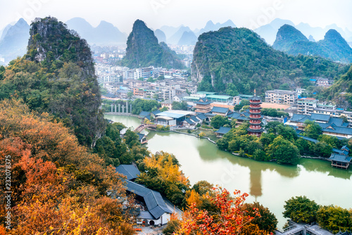Guangxi, China, Guilin, Diecai mountain, mulong lake,panorama autumn scenery
