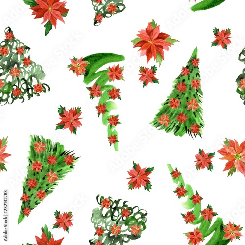 Watercolor seamless pattern with poisettia flowers and Christmas trees