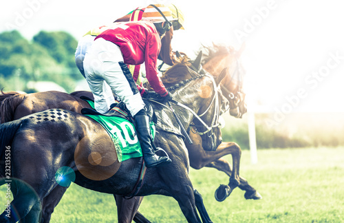 Konie wyścigowe i dżokeje ścigają się w słońcu, efekt rozbłysków krzyżowych przetworzonych