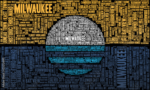 A word cloud with the neighborhoods of Milwaukee, Wisconsin, in the shape of the People's Flag of the city.