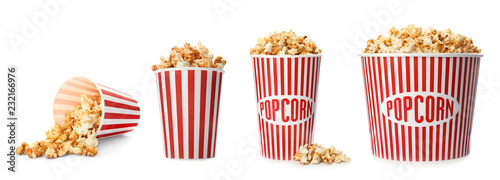 Set with different cardboard containers of caramel popcorn on white background