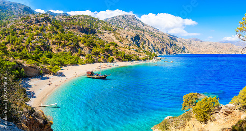 Panoramic view of beautiful Apella beach on Karpathos island, Greece