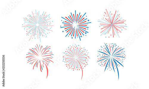 Fireworks set, design element for holidays, celebration party, anniversary or festival vector Illustration on a white background