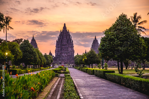 Sunset over Prambanan temple near Yogyakarta in Central Java, Indonesia