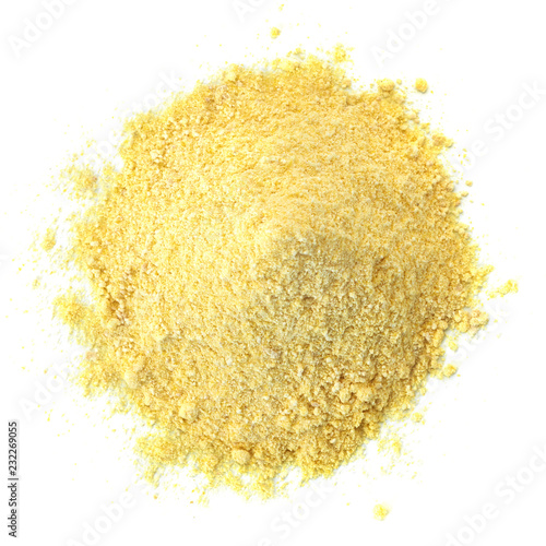 Corn meal pile from top view isolated on white background