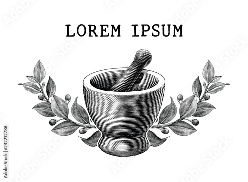 Mortar and pestle with herbs frame vintage engraving illustration logo isolated on white background,Logo of pharmacy and medicine