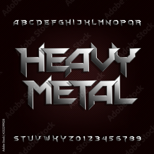 Heavy metal alphabet font. Chrome beveled letters and numbers. Stock vector typescript for your design.