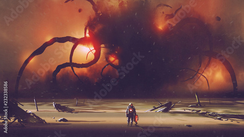 astronaut with a tech device heading to the giant monster at the horizon, digital art style, illustration painting